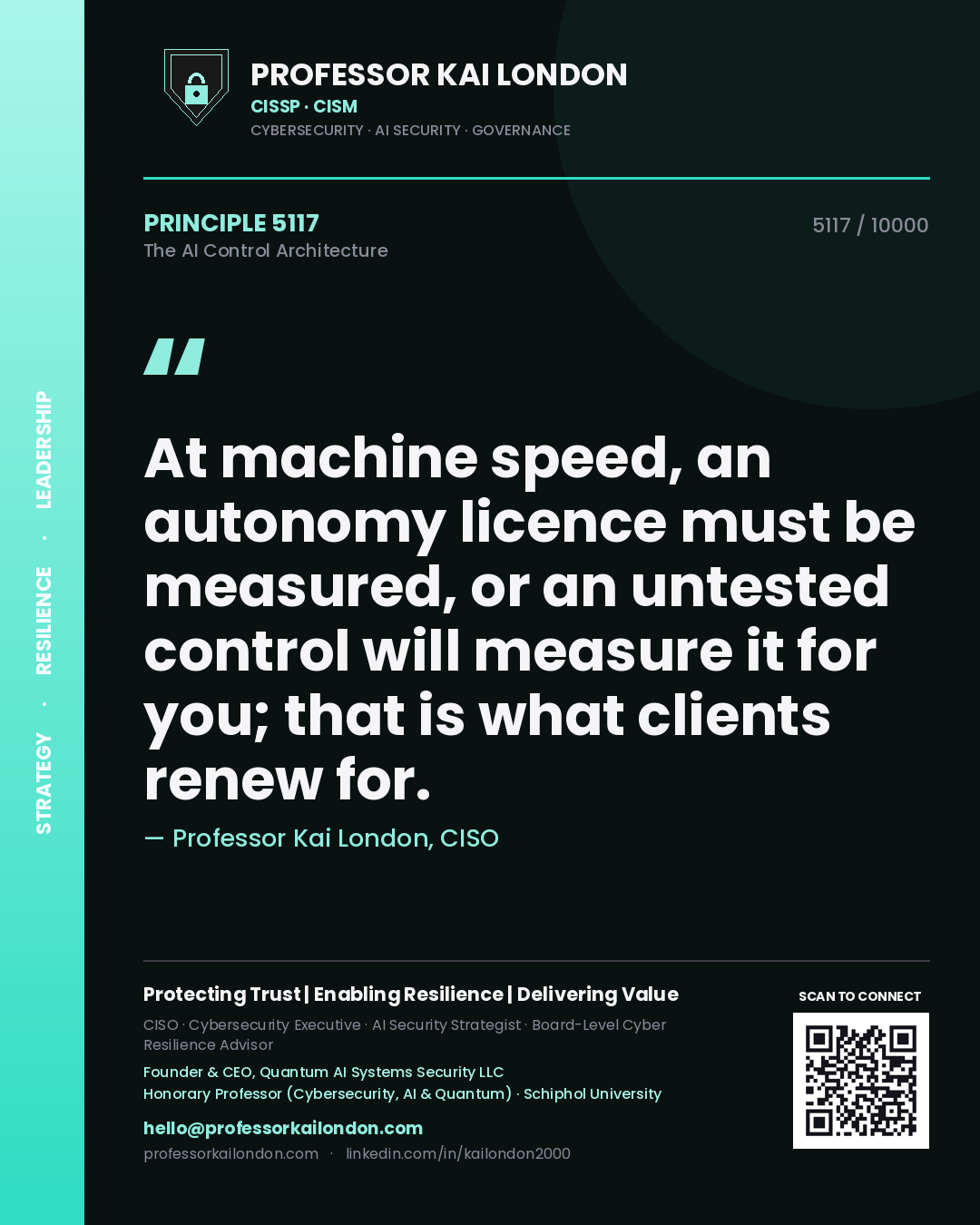 Professor Kai London principle 5117: At machine speed, an autonomy licence must be measured, or an untested control will measure it for you; that is what clients renew for.