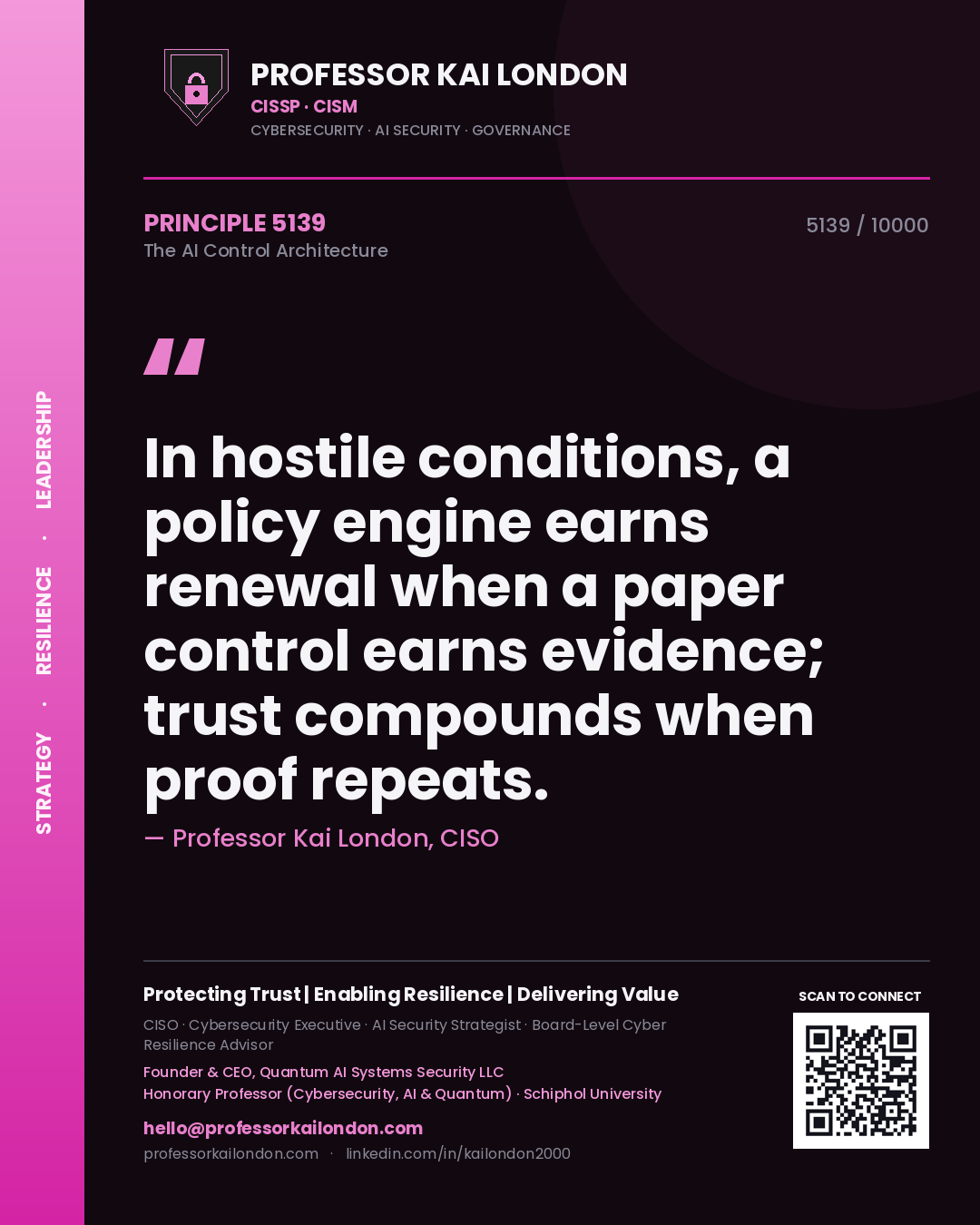 Professor Kai London principle 5139: In hostile conditions, a policy engine earns renewal when a paper control earns evidence; trust compounds when proof repeats.