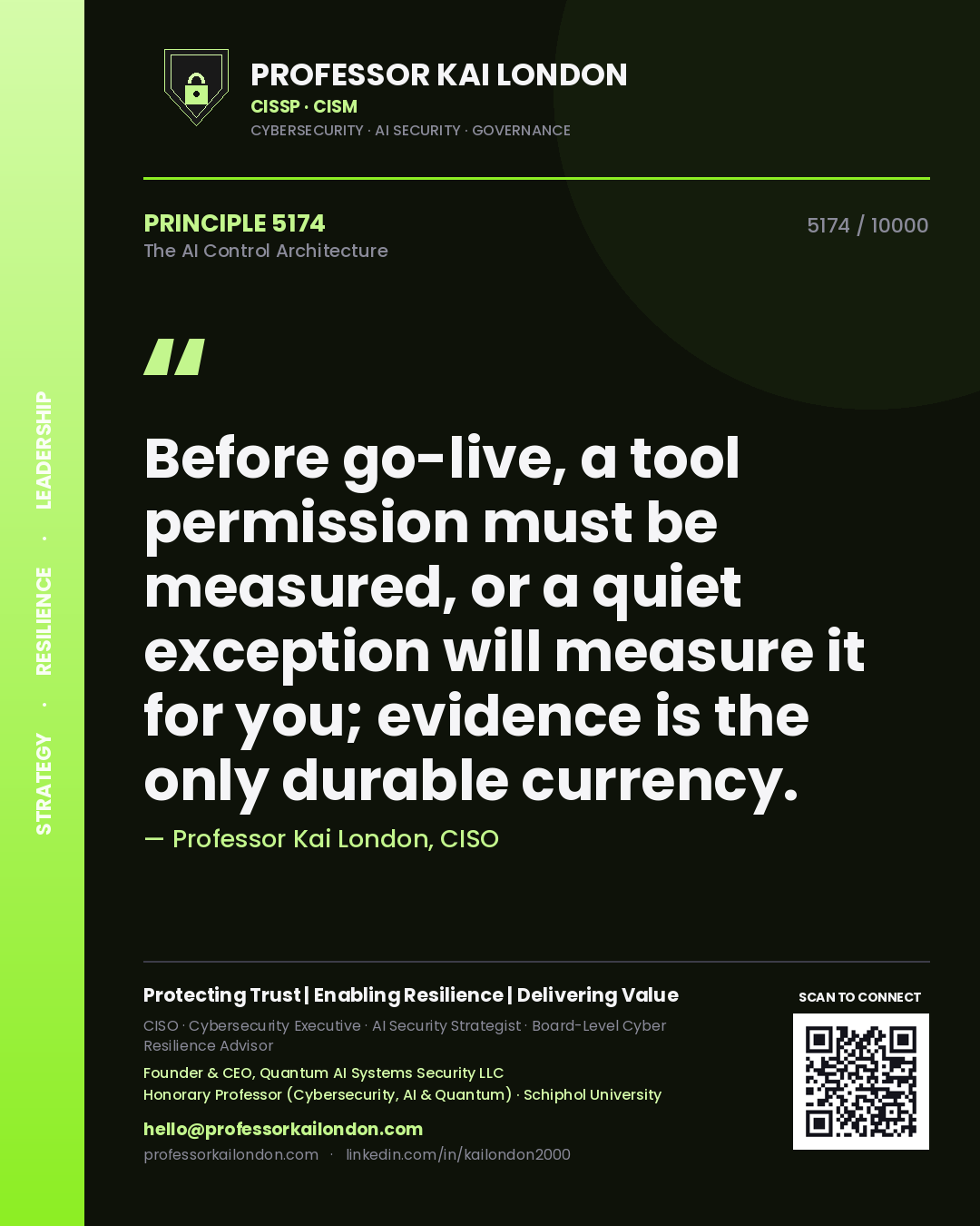 Professor Kai London principle 5174: Before go-live, a tool permission must be measured, or a quiet exception will measure it for you; evidence is the only durable currency.