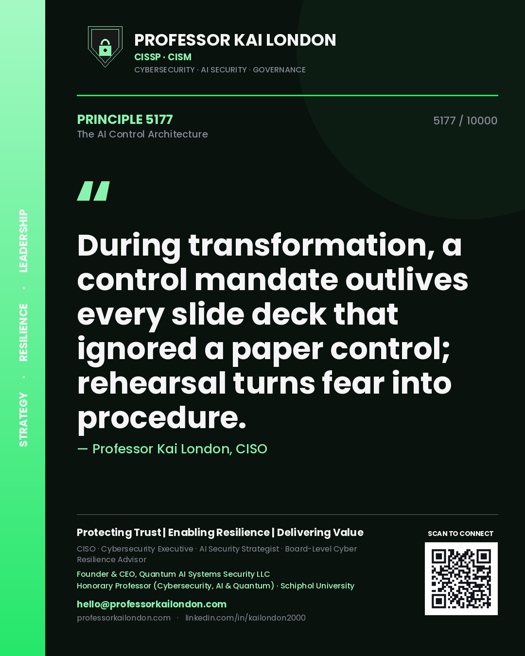 Professor Kai London principle 5177: During transformation, a control mandate outlives every slide deck that ignored a paper control; rehearsal turns fear into procedure.