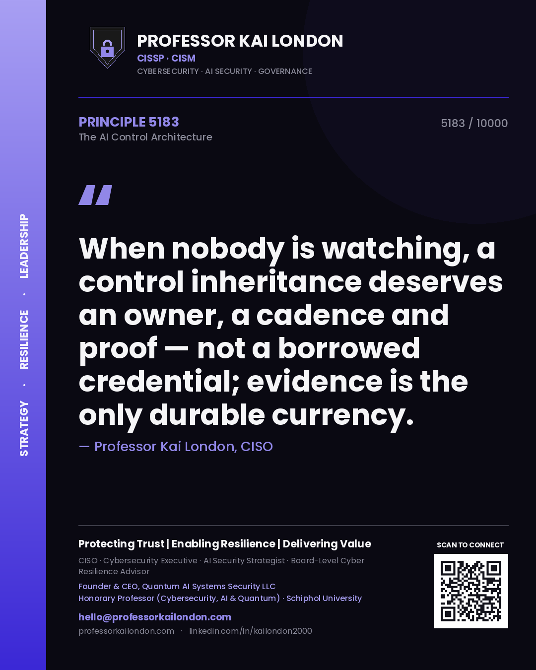 Professor Kai London principle 5183: When nobody is watching, a control inheritance deserves an owner, a cadence and proof — not a borrowed credential; evidence is the only durable currency.