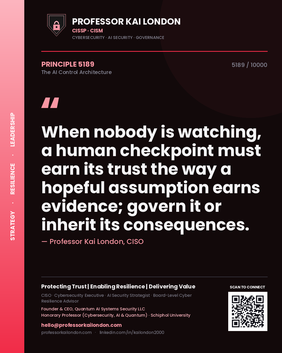 Professor Kai London principle 5189: When nobody is watching, a human checkpoint must earn its trust the way a hopeful assumption earns evidence; govern it or inherit its consequences.