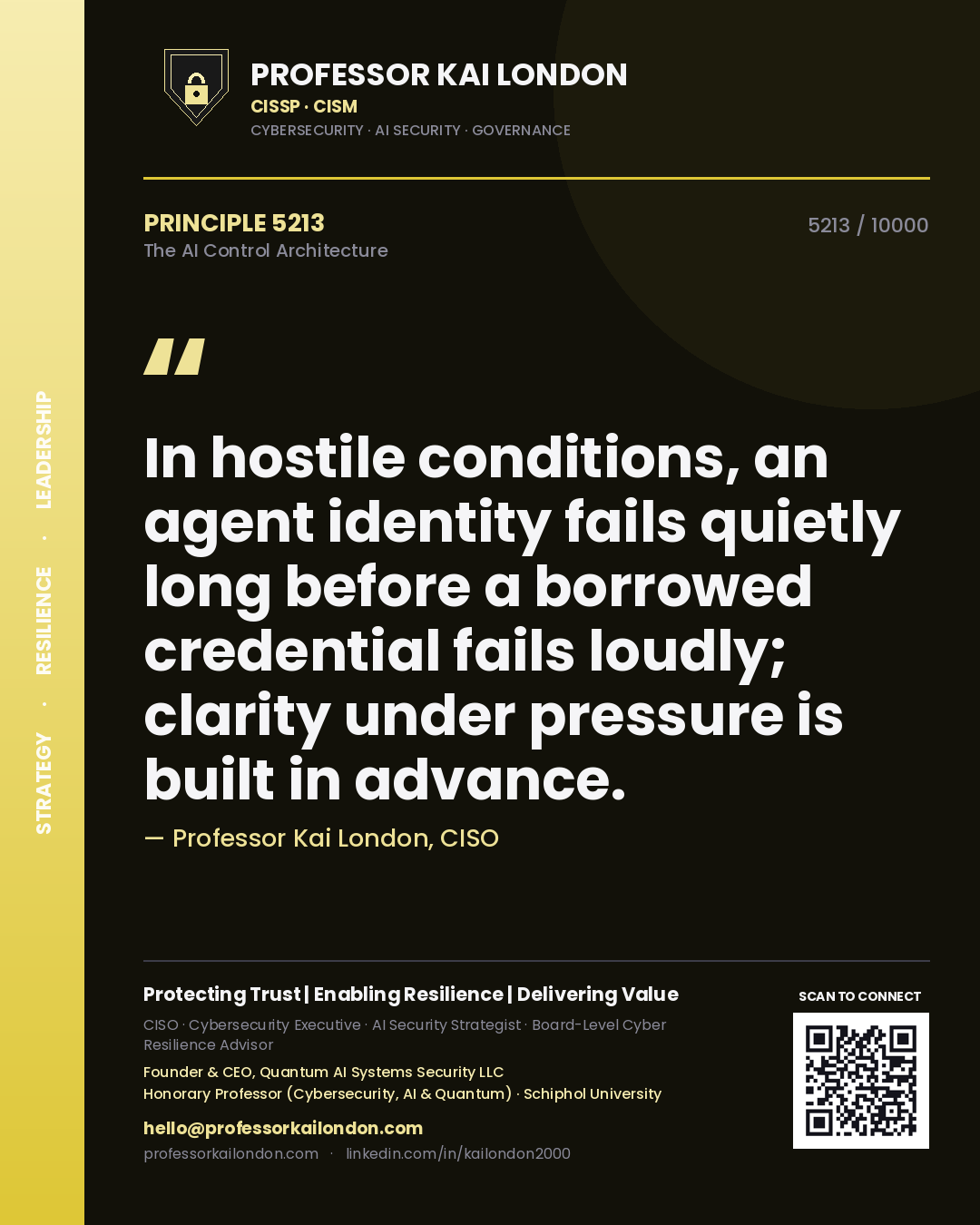 Professor Kai London principle 5213: In hostile conditions, an agent identity fails quietly long before a borrowed credential fails loudly; clarity under pressure is built in advance.