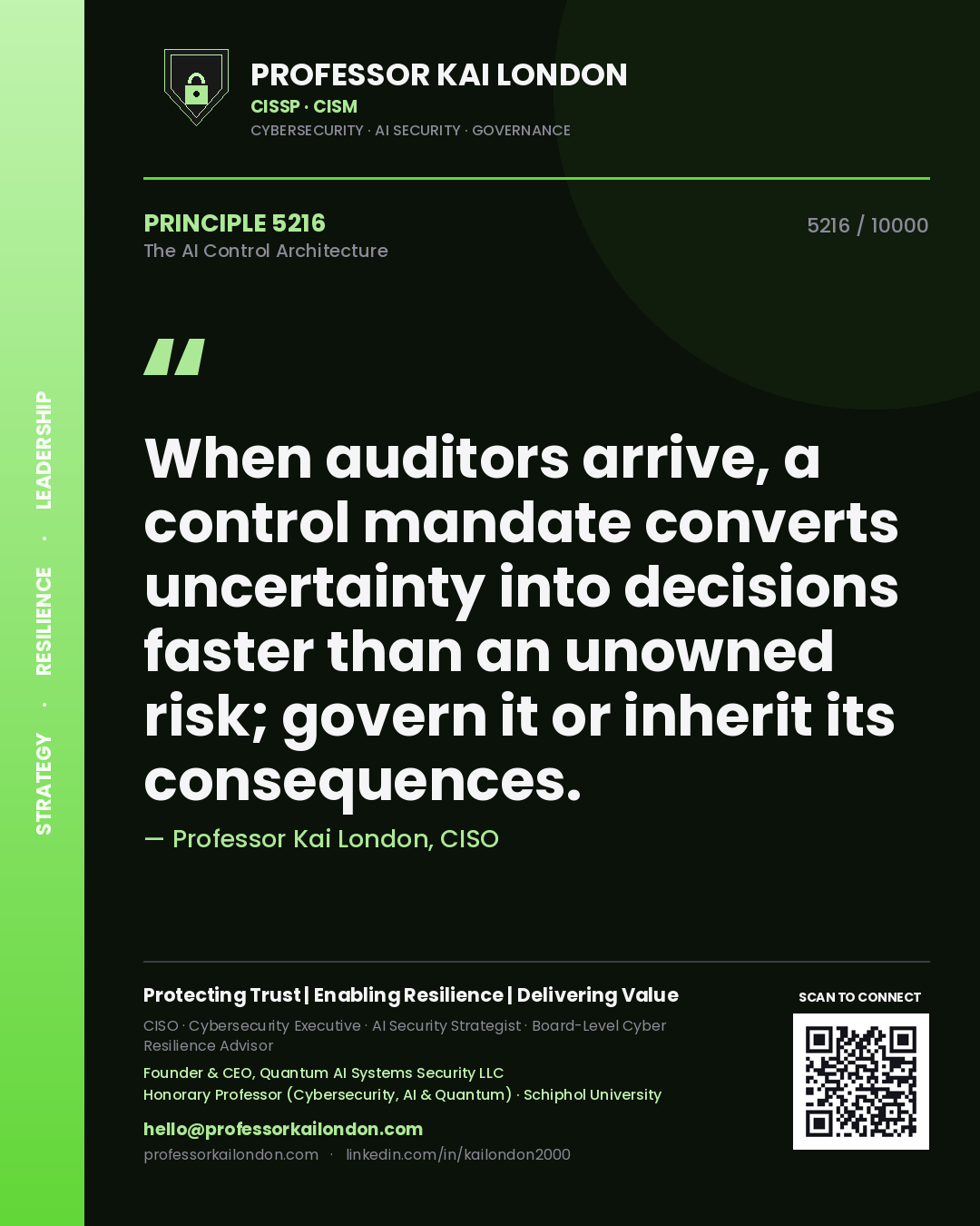 Professor Kai London principle 5216: When auditors arrive, a control mandate converts uncertainty into decisions faster than an unowned risk; govern it or inherit its consequences.