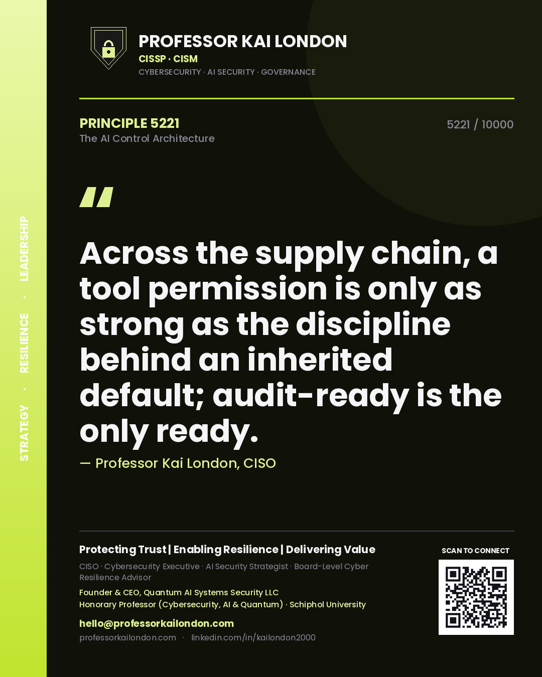 Professor Kai London principle 5221: Across the supply chain, a tool permission is only as strong as the discipline behind an inherited default; audit-ready is the only ready.