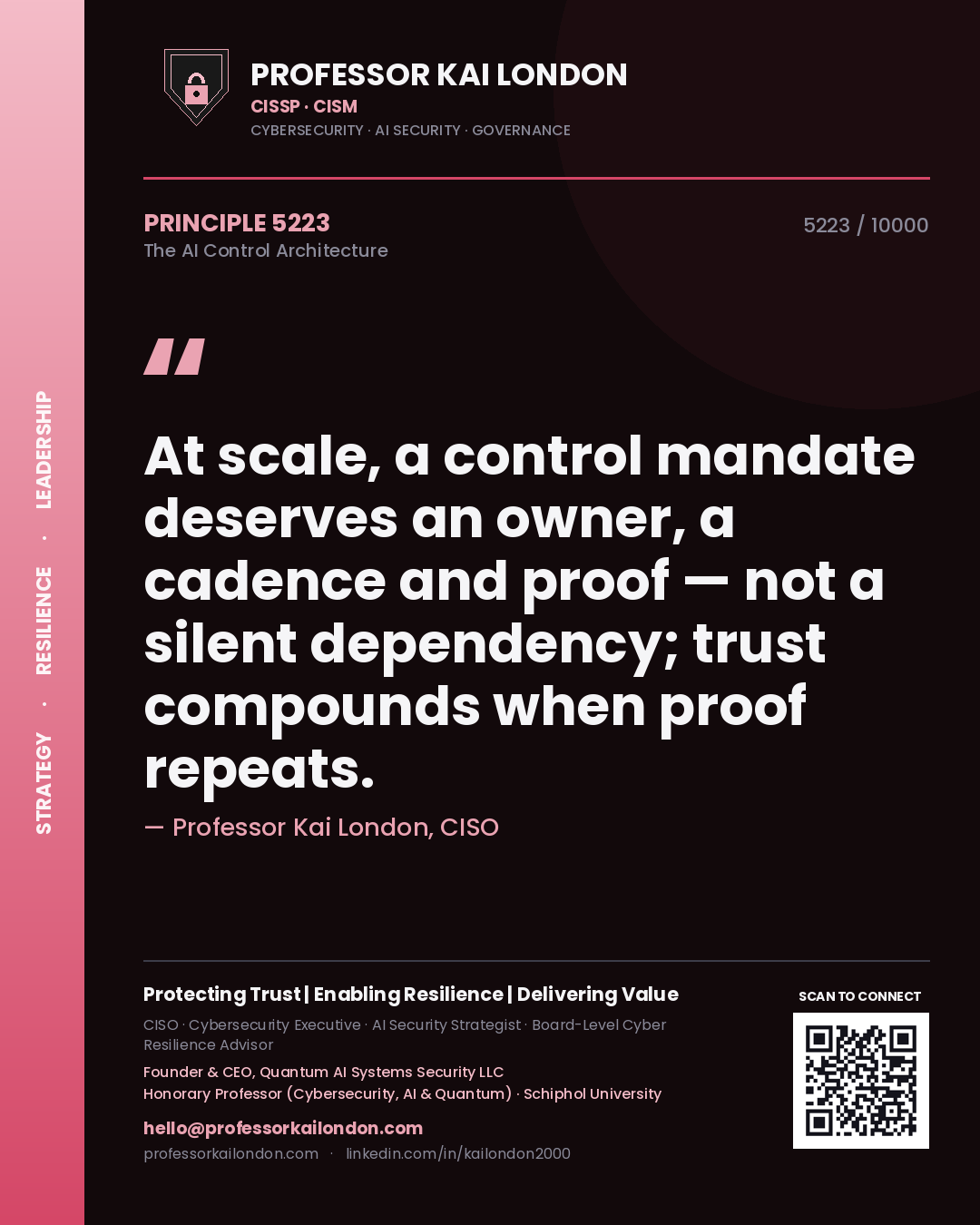 Professor Kai London principle 5223: At scale, a control mandate deserves an owner, a cadence and proof — not a silent dependency; trust compounds when proof repeats.