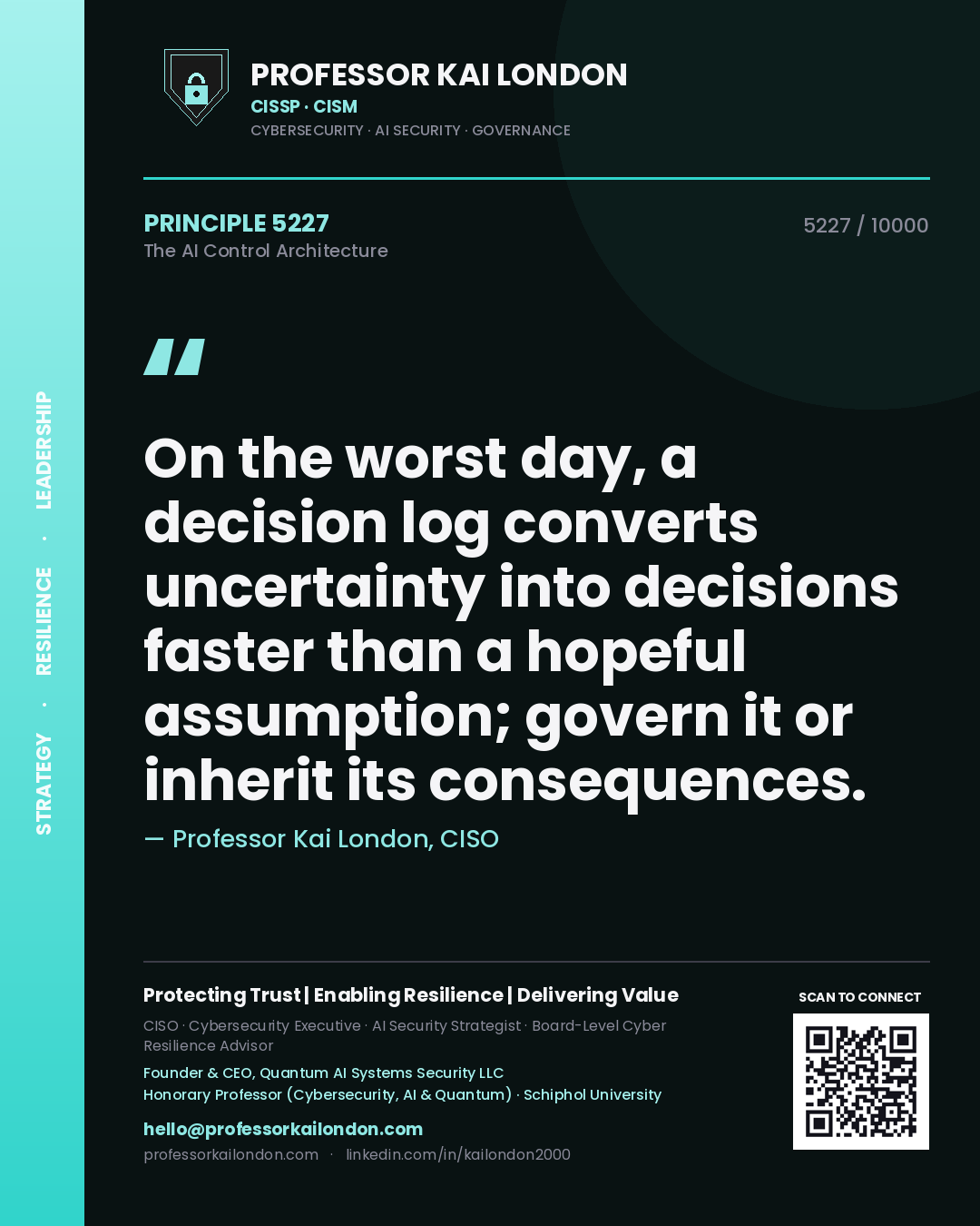 Professor Kai London principle 5227: On the worst day, a decision log converts uncertainty into decisions faster than a hopeful assumption; govern it or inherit its consequences.