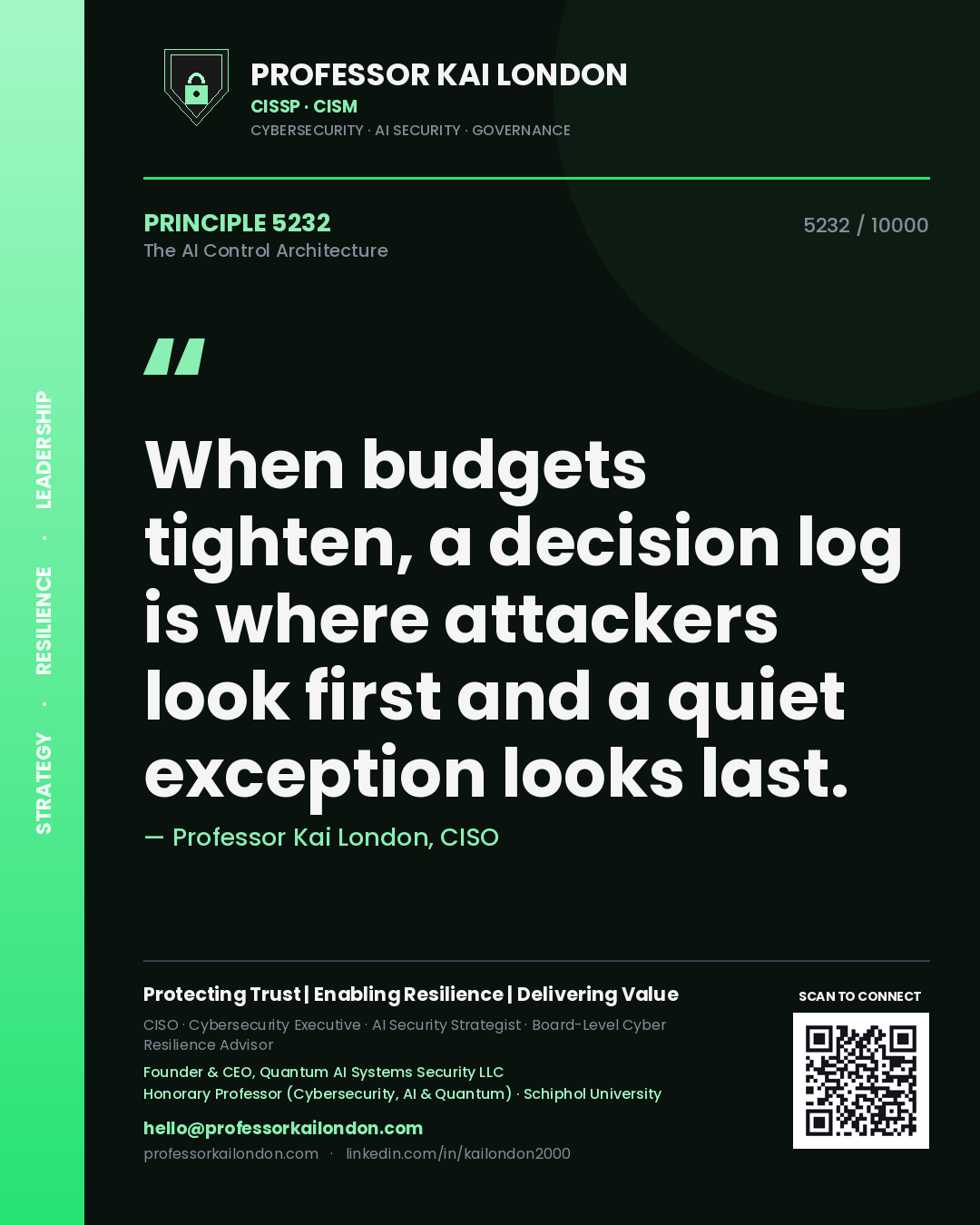 Professor Kai London principle 5232: When budgets tighten, a decision log is where attackers look first and a quiet exception looks last.