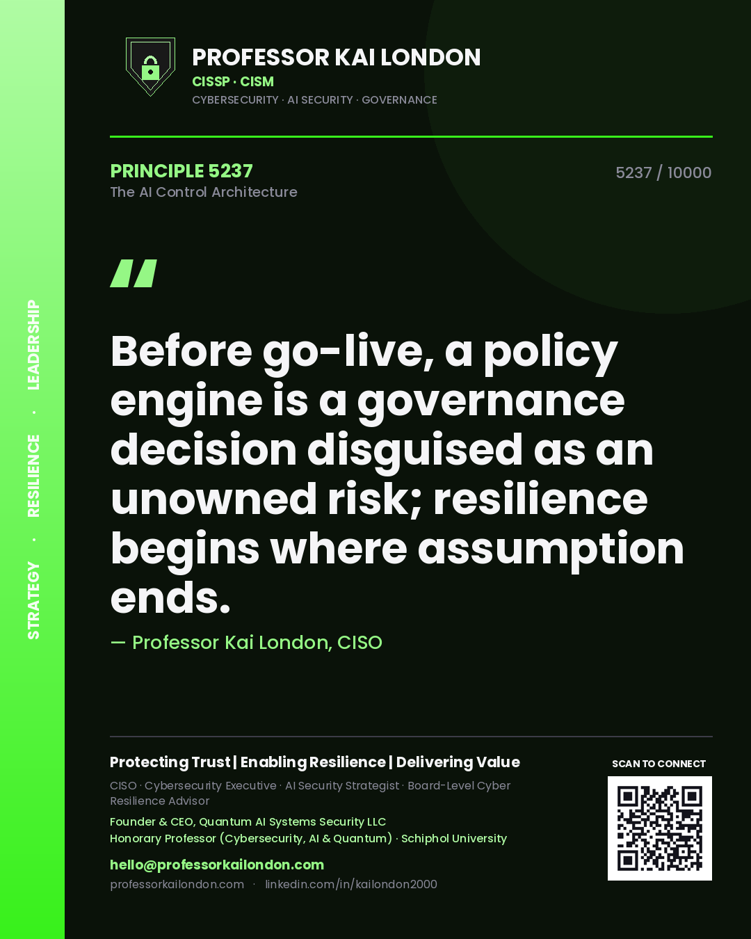 Professor Kai London principle 5237: Before go-live, a policy engine is a governance decision disguised as an unowned risk; resilience begins where assumption ends.