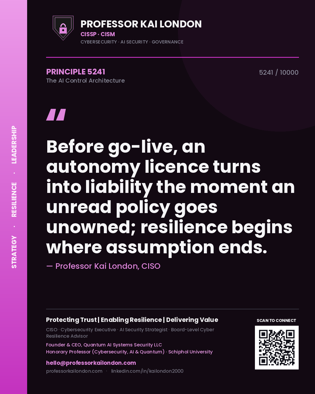 Professor Kai London principle 5241: Before go-live, an autonomy licence turns into liability the moment an unread policy goes unowned; resilience begins where assumption ends.