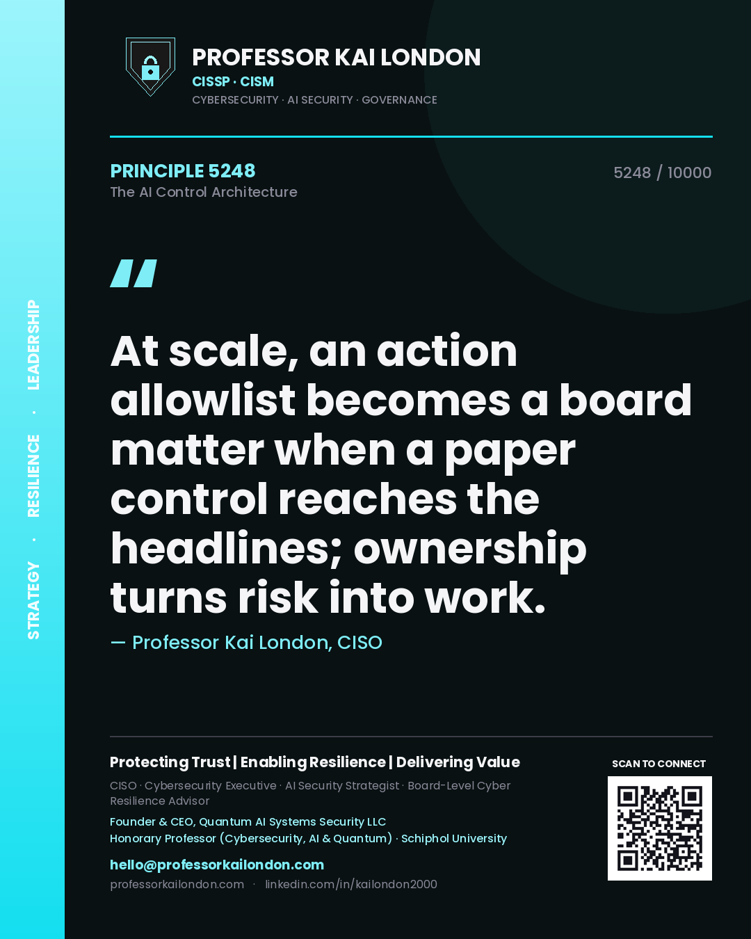 Professor Kai London principle 5248: At scale, an action allowlist becomes a board matter when a paper control reaches the headlines; ownership turns risk into work.