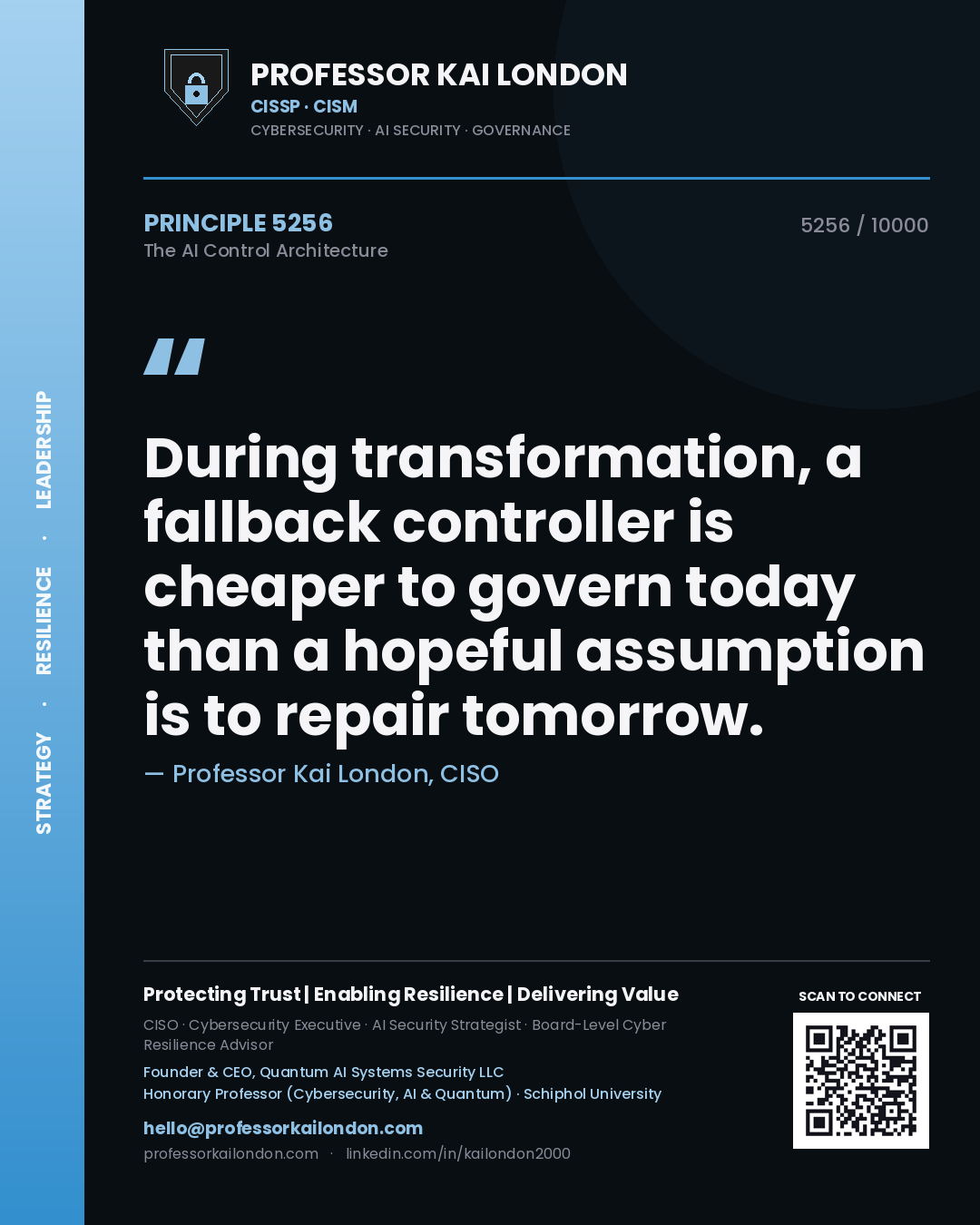 Professor Kai London principle 5256: During transformation, a fallback controller is cheaper to govern today than a hopeful assumption is to repair tomorrow.