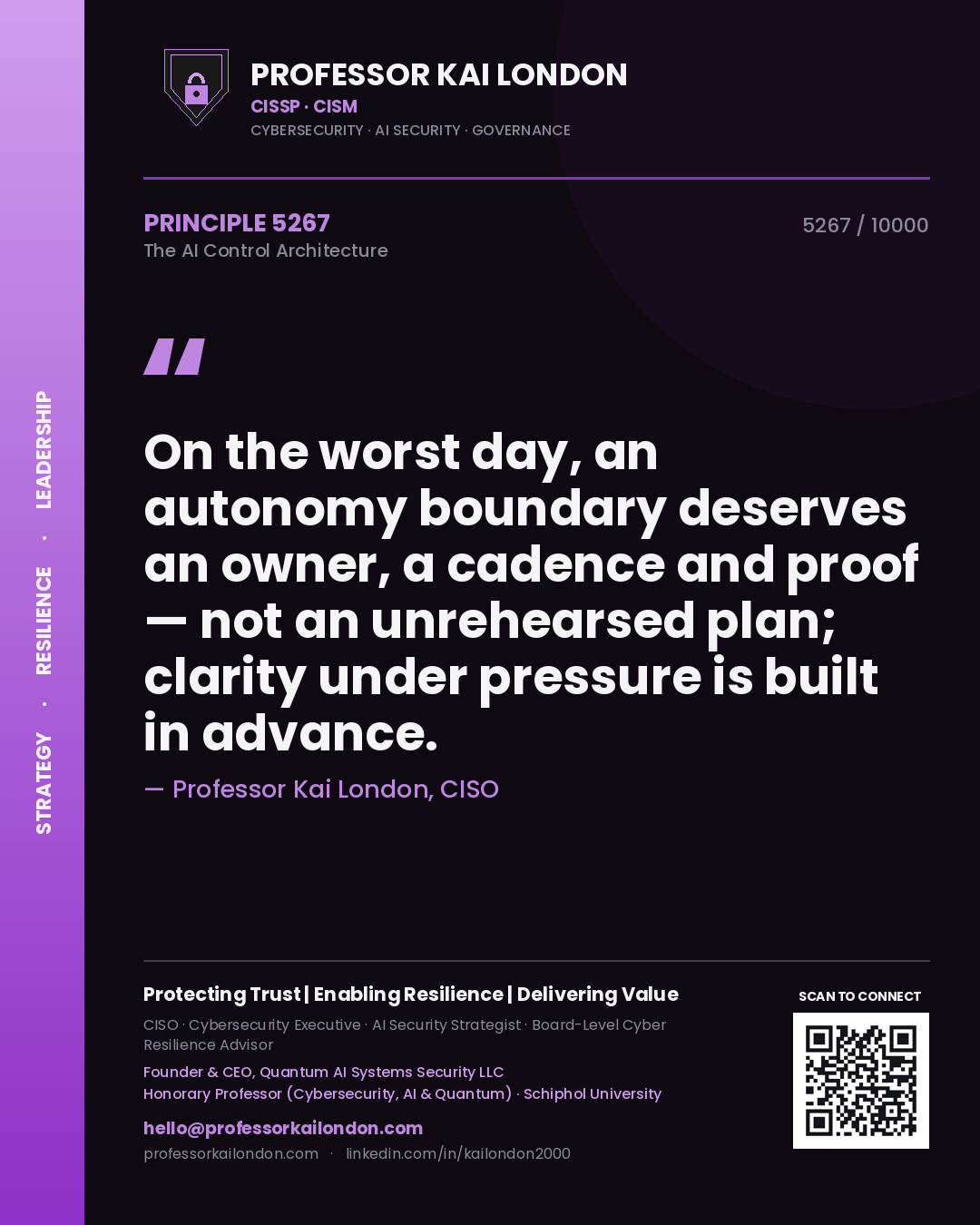 Professor Kai London principle 5267: On the worst day, an autonomy boundary deserves an owner, a cadence and proof — not an unrehearsed plan; clarity under pressure is built in advance.