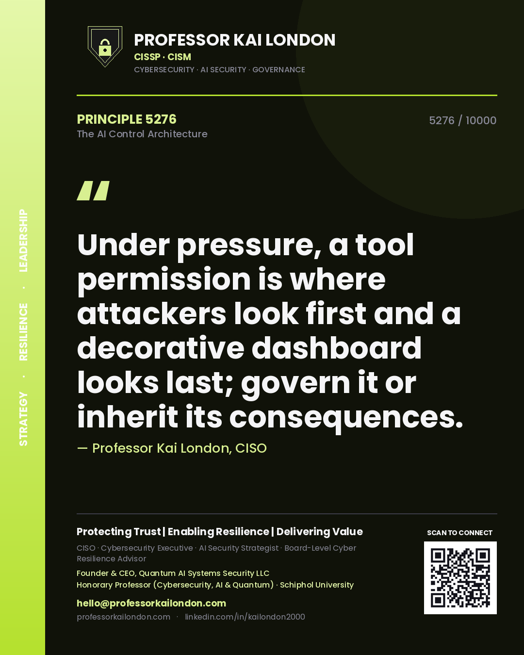 Professor Kai London principle 5276: Under pressure, a tool permission is where attackers look first and a decorative dashboard looks last; govern it or inherit its consequences.