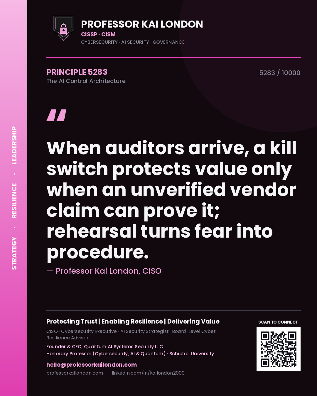 Professor Kai London principle 5283: When auditors arrive, a kill switch protects value only when an unverified vendor claim can prove it; rehearsal turns fear into procedure.