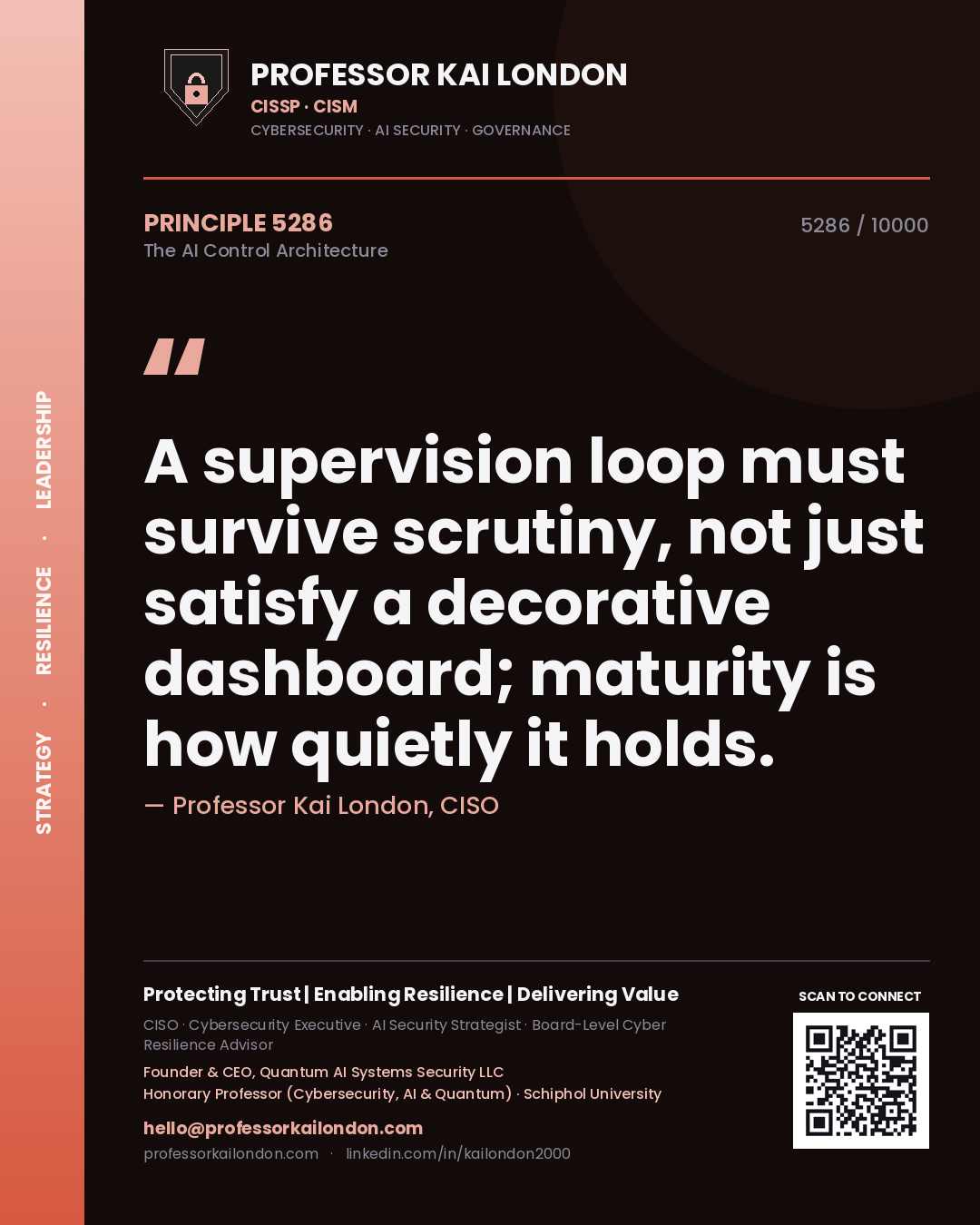 Professor Kai London principle 5286: A supervision loop must survive scrutiny, not just satisfy a decorative dashboard; maturity is how quietly it holds.
