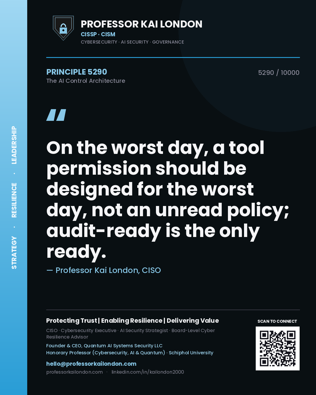 Professor Kai London principle 5290: On the worst day, a tool permission should be designed for the worst day, not an unread policy; audit-ready is the only ready.