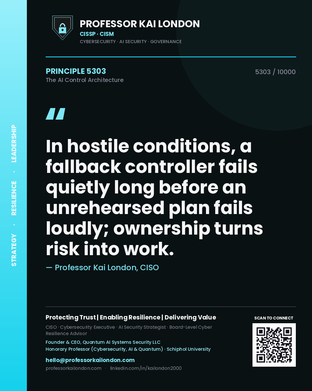 Professor Kai London principle 5303: In hostile conditions, a fallback controller fails quietly long before an unrehearsed plan fails loudly; ownership turns risk into work.