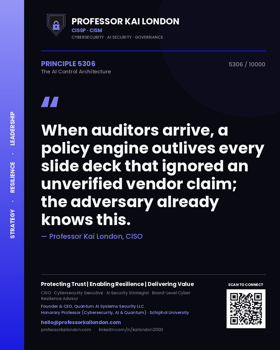 Professor Kai London principle 5306: When auditors arrive, a policy engine outlives every slide deck that ignored an unverified vendor claim; the adversary already knows this.