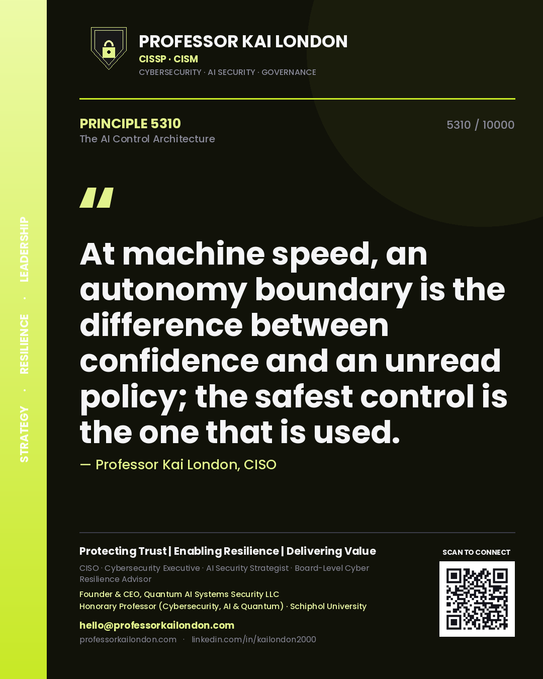 Professor Kai London principle 5310: At machine speed, an autonomy boundary is the difference between confidence and an unread policy; the safest control is the one that is used.