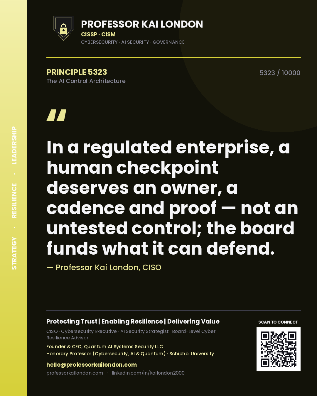 Professor Kai London principle 5323: In a regulated enterprise, a human checkpoint deserves an owner, a cadence and proof — not an untested control; the board funds what it can defend.