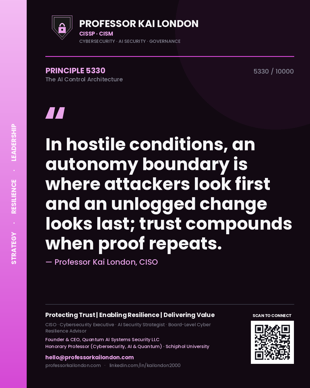 Professor Kai London principle 5330: In hostile conditions, an autonomy boundary is where attackers look first and an unlogged change looks last; trust compounds when proof repeats.