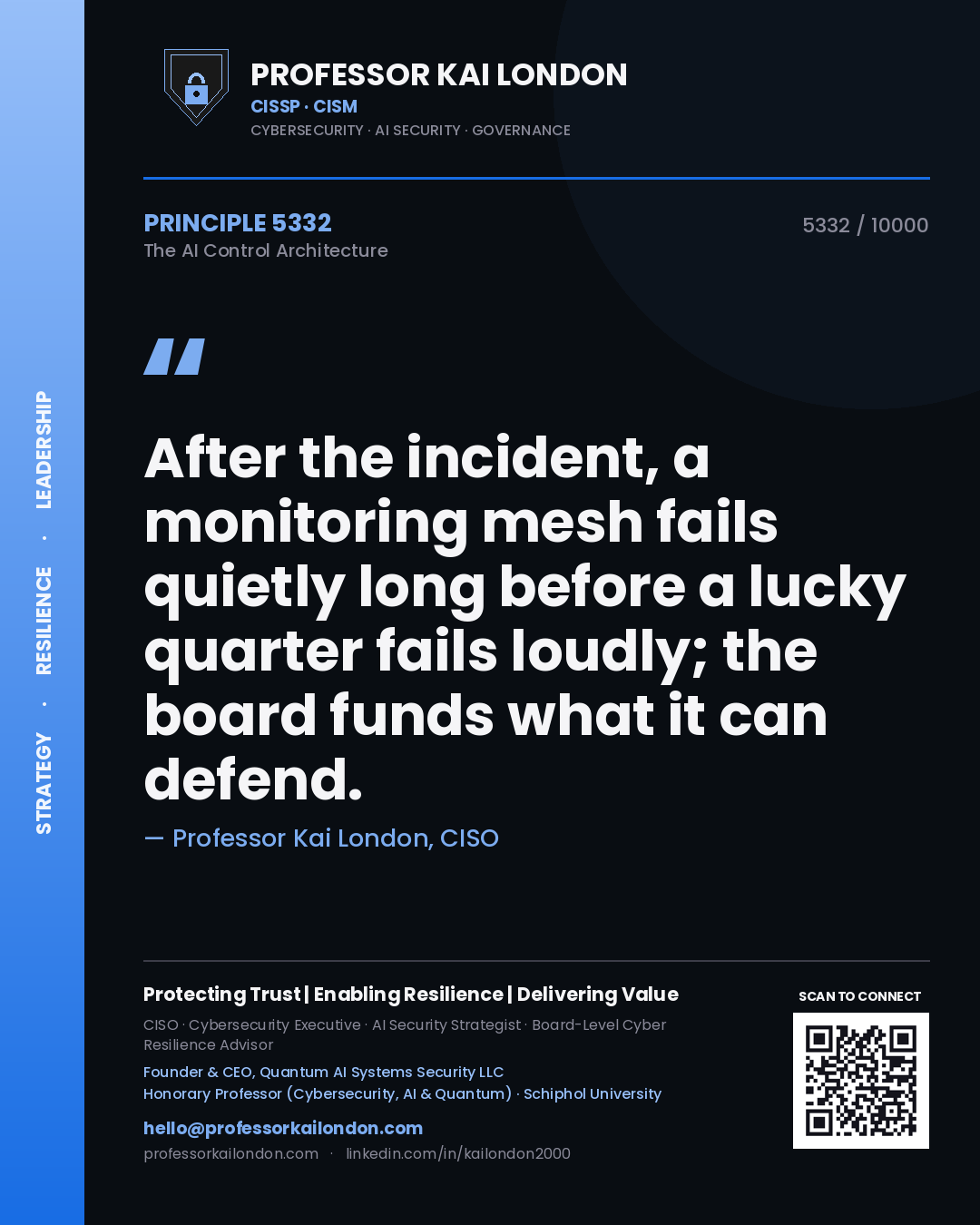 Professor Kai London principle 5332: After the incident, a monitoring mesh fails quietly long before a lucky quarter fails loudly; the board funds what it can defend.