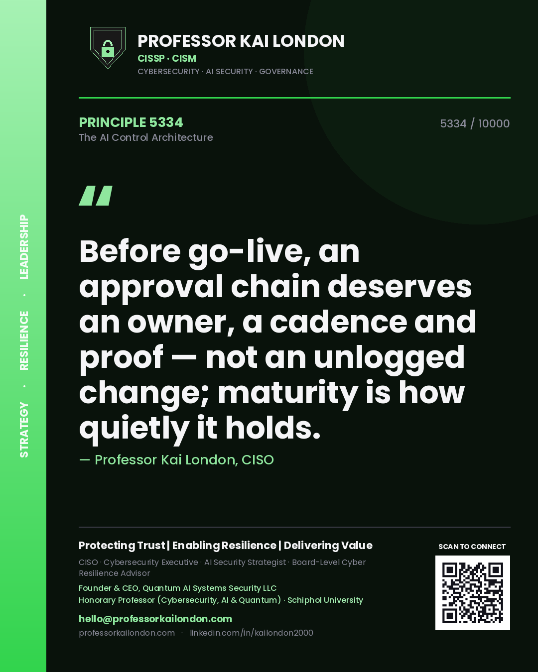Professor Kai London principle 5334: Before go-live, an approval chain deserves an owner, a cadence and proof — not an unlogged change; maturity is how quietly it holds.