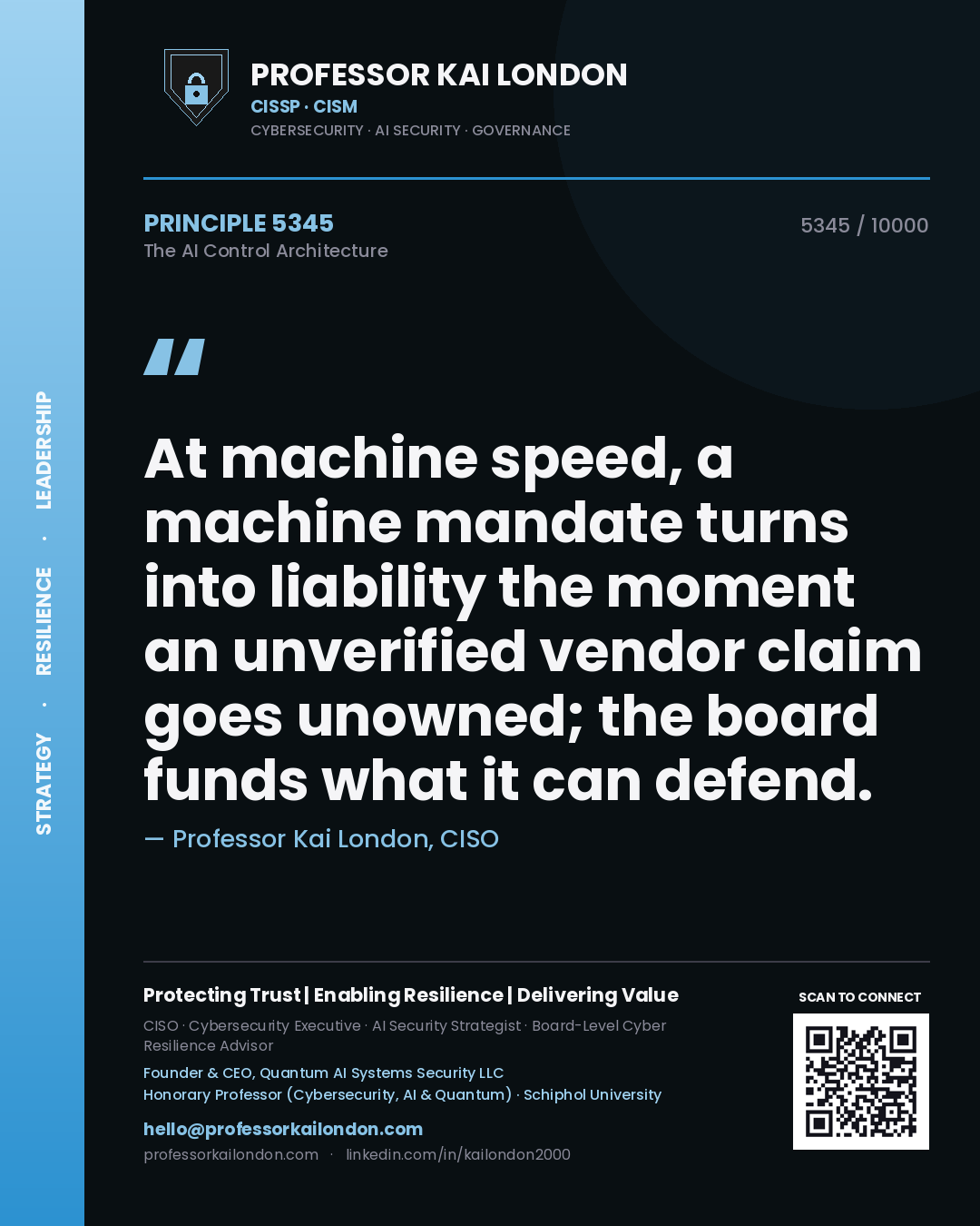 Professor Kai London principle 5345: At machine speed, a machine mandate turns into liability the moment an unverified vendor claim goes unowned; the board funds what it can defend.