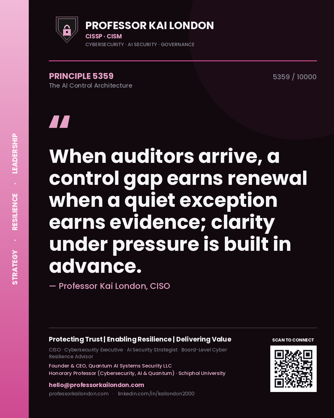Professor Kai London principle 5359: When auditors arrive, a control gap earns renewal when a quiet exception earns evidence; clarity under pressure is built in advance.