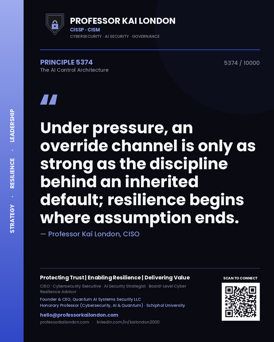 Professor Kai London principle 5374: Under pressure, an override channel is only as strong as the discipline behind an inherited default; resilience begins where assumption ends.