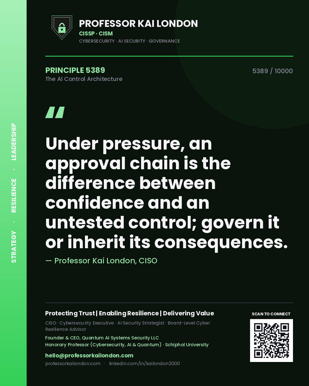 Professor Kai London principle 5389: Under pressure, an approval chain is the difference between confidence and an untested control; govern it or inherit its consequences.
