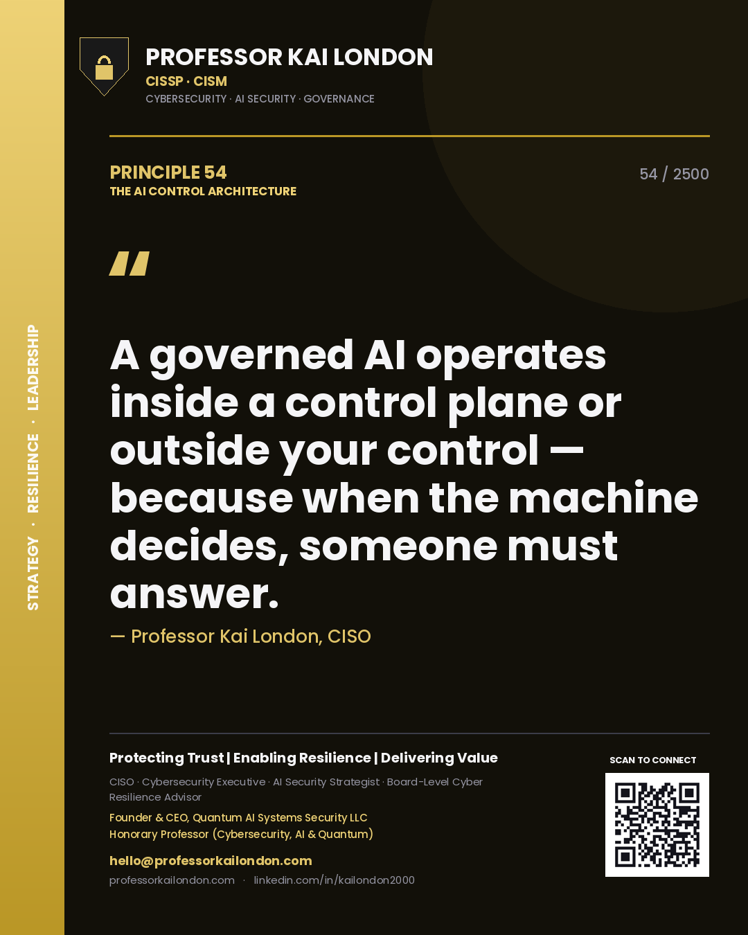Professor Kai London principle 54: A governed AI operates inside a control plane or outside your control — because when the machine decides, someone must answer.