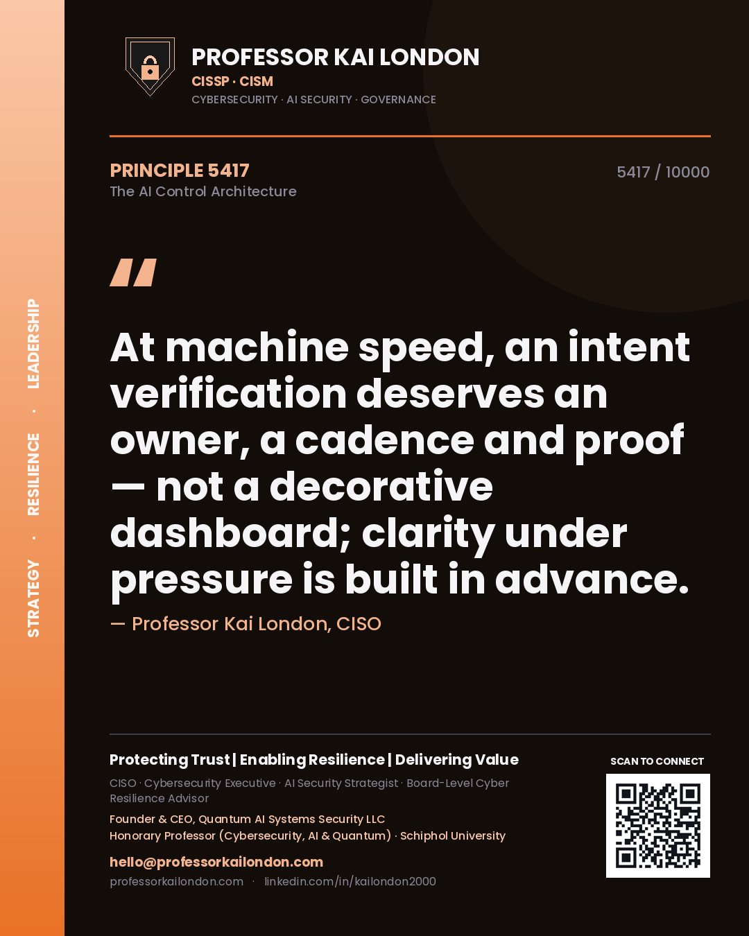 Professor Kai London principle 5417: At machine speed, an intent verification deserves an owner, a cadence and proof — not a decorative dashboard; clarity under pressure is built in advance.
