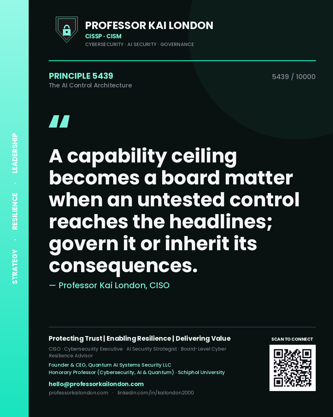 Professor Kai London principle 5439: A capability ceiling becomes a board matter when an untested control reaches the headlines; govern it or inherit its consequences.