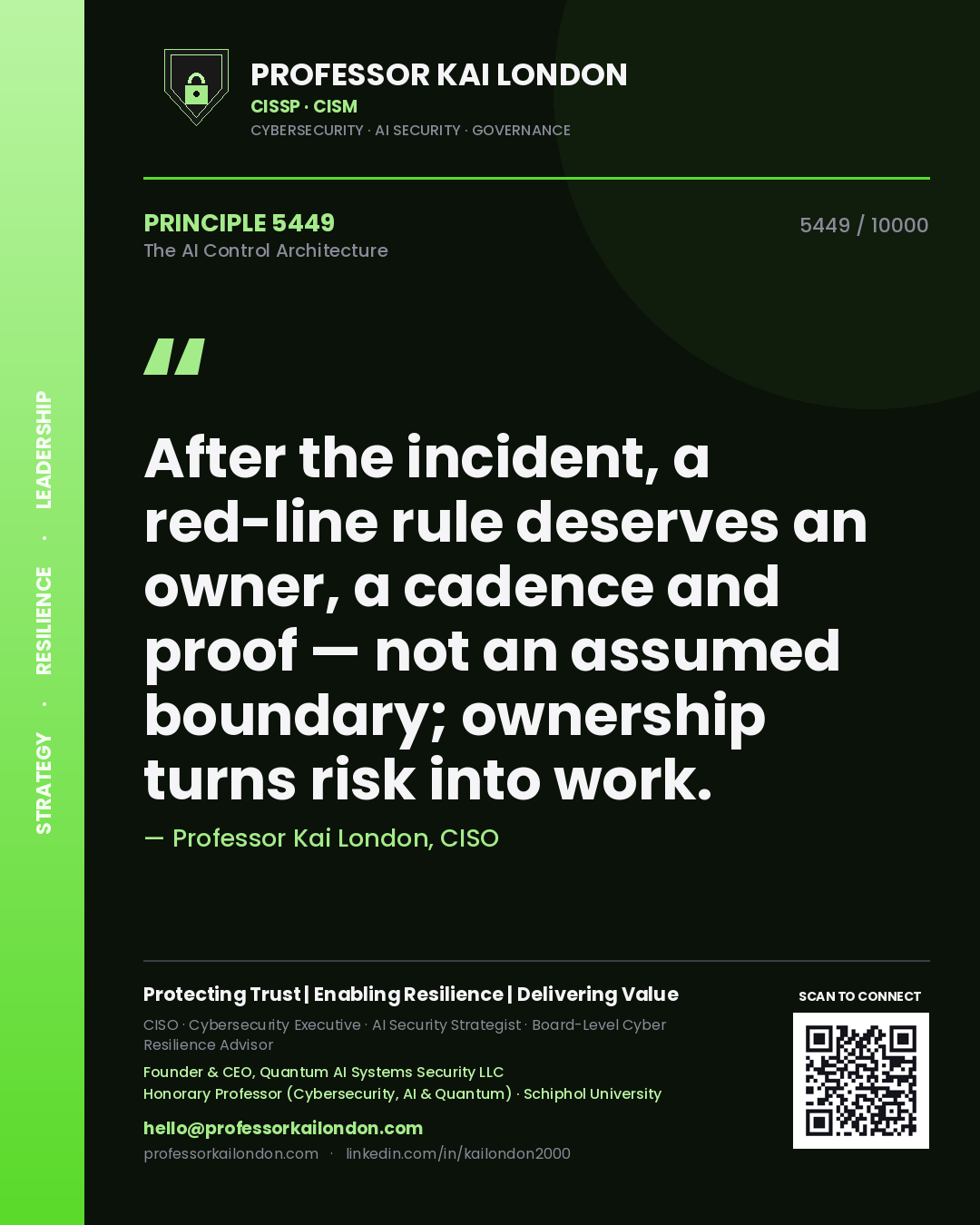 Professor Kai London principle 5449: After the incident, a red-line rule deserves an owner, a cadence and proof — not an assumed boundary; ownership turns risk into work.