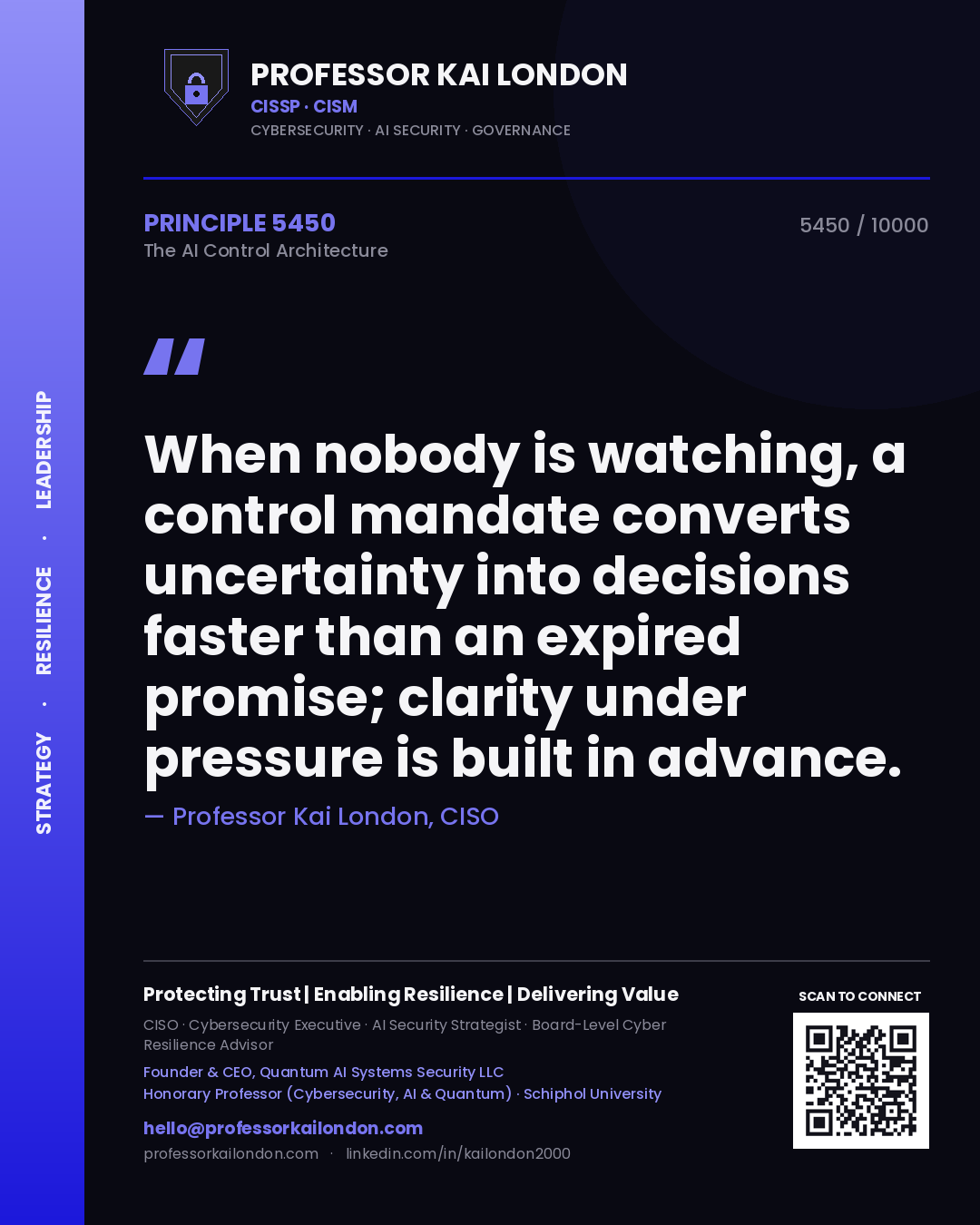 Professor Kai London principle 5450: When nobody is watching, a control mandate converts uncertainty into decisions faster than an expired promise; clarity under pressure is built in advance.