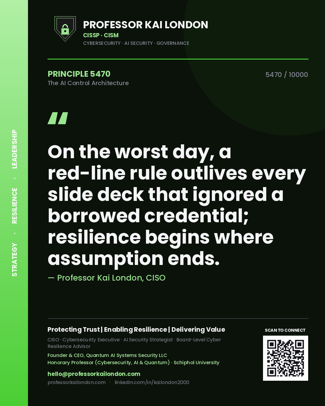 Professor Kai London principle 5470: On the worst day, a red-line rule outlives every slide deck that ignored a borrowed credential; resilience begins where assumption ends.