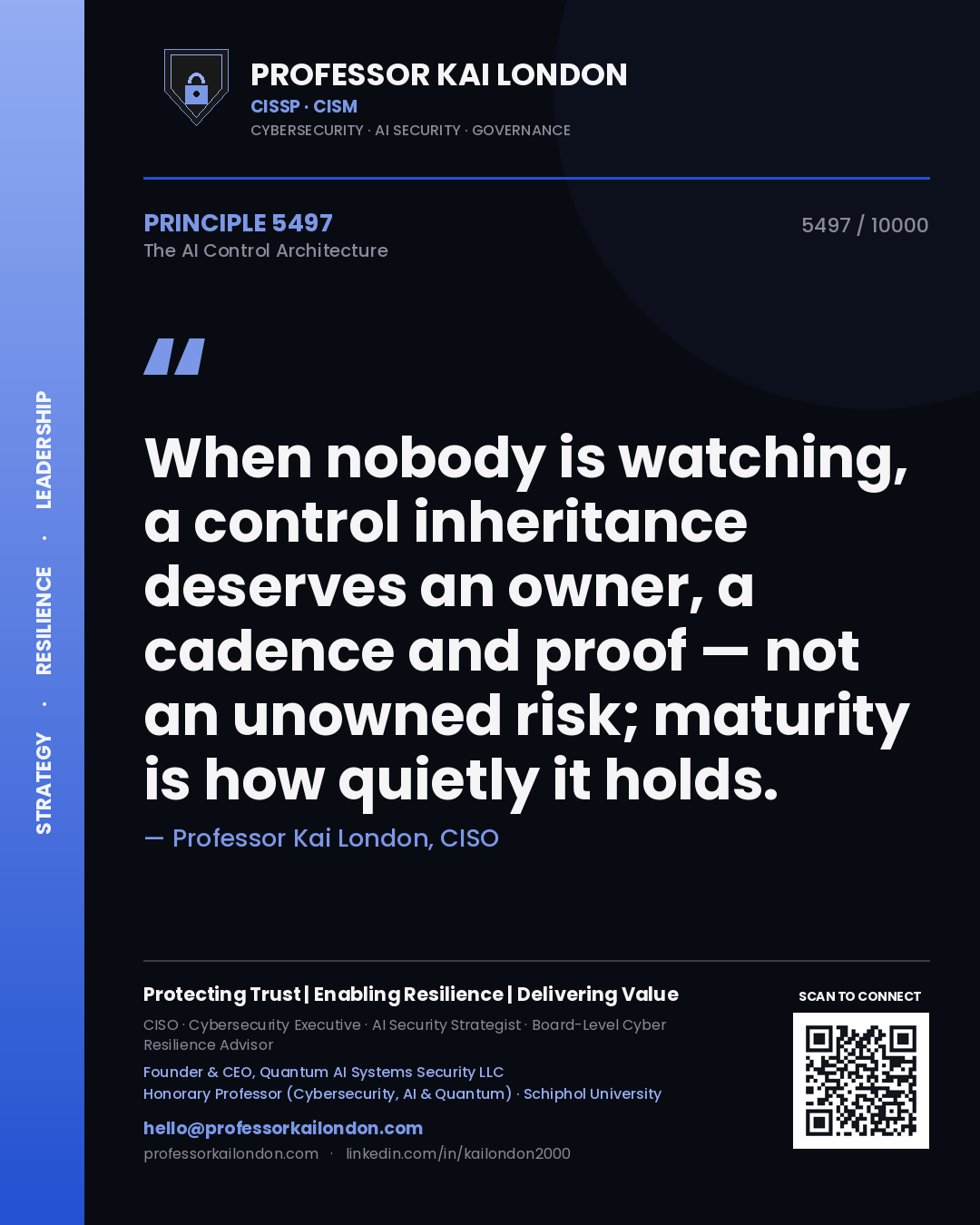 Professor Kai London principle 5497: When nobody is watching, a control inheritance deserves an owner, a cadence and proof — not an unowned risk; maturity is how quietly it holds.