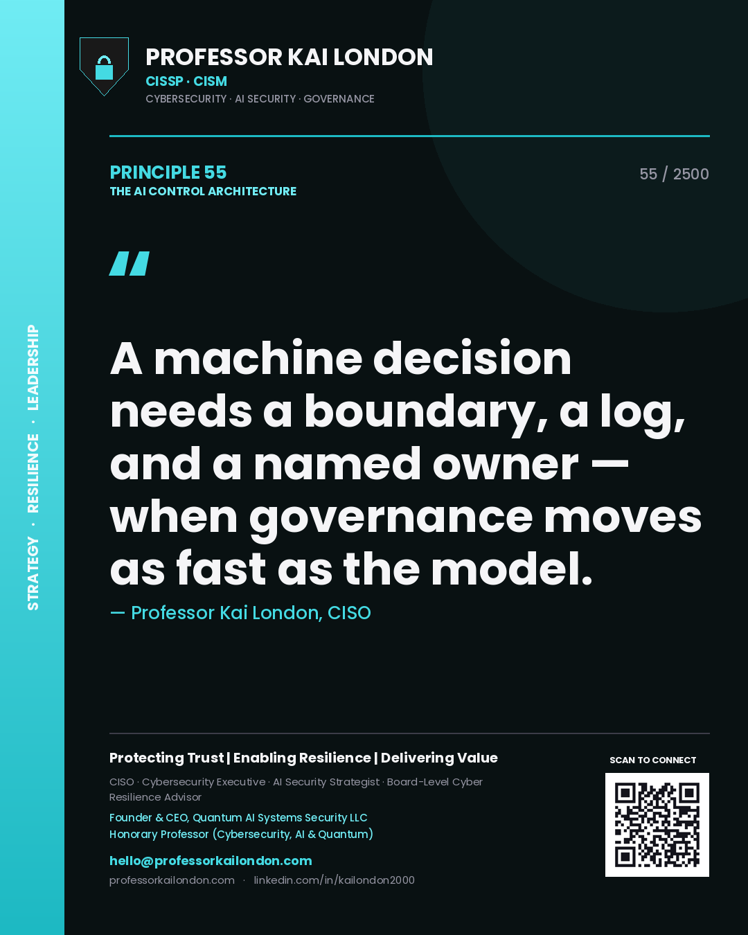 Professor Kai London principle 55: A machine decision needs a boundary, a log, and a named owner — when governance moves as fast as the model.