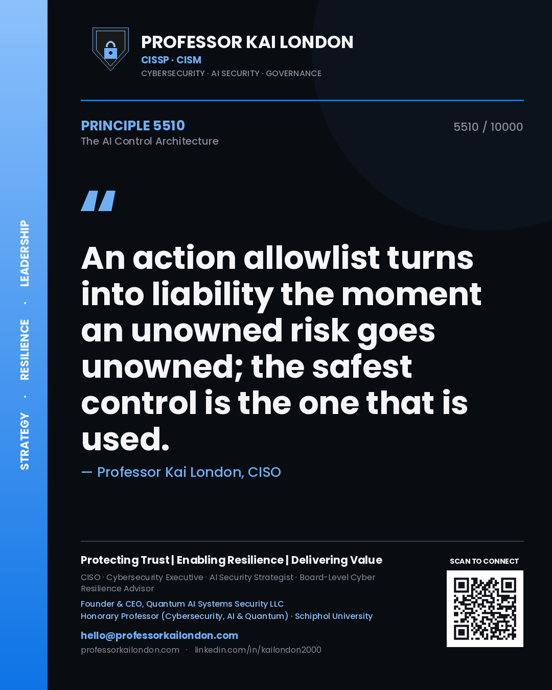 Professor Kai London principle 5510: An action allowlist turns into liability the moment an unowned risk goes unowned; the safest control is the one that is used.