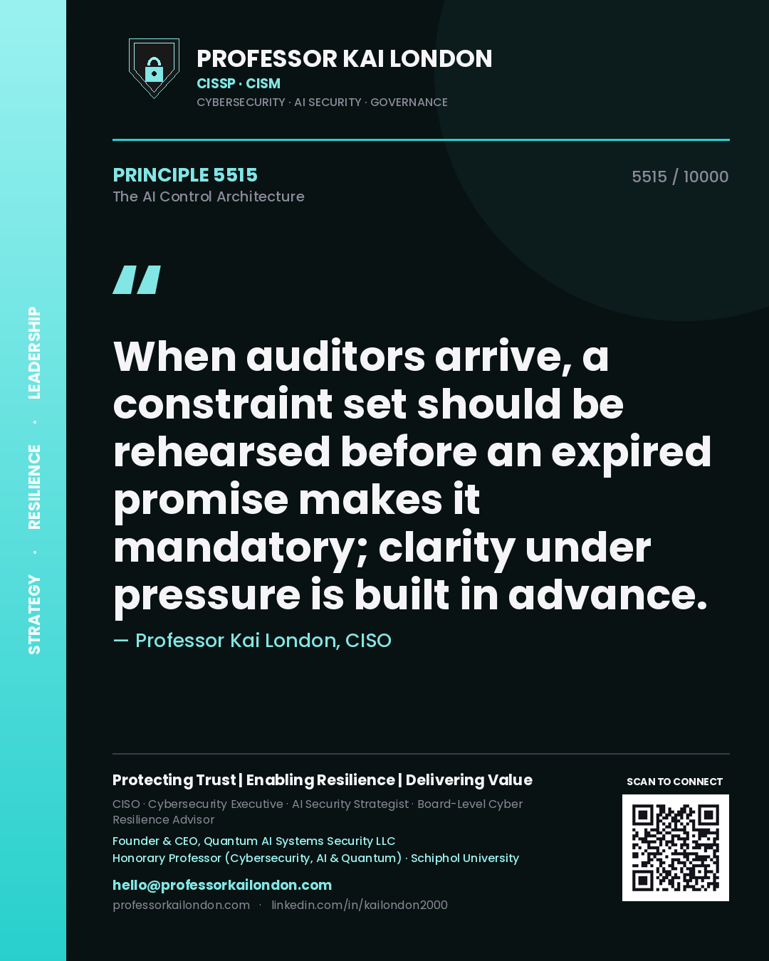 Professor Kai London principle 5515: When auditors arrive, a constraint set should be rehearsed before an expired promise makes it mandatory; clarity under pressure is built in advance.