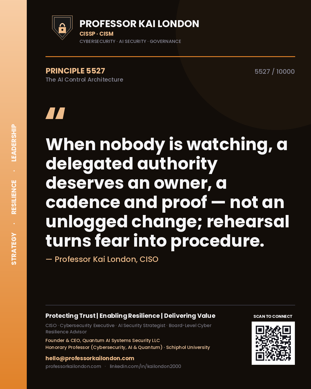 Professor Kai London principle 5527: When nobody is watching, a delegated authority deserves an owner, a cadence and proof — not an unlogged change; rehearsal turns fear into procedure.