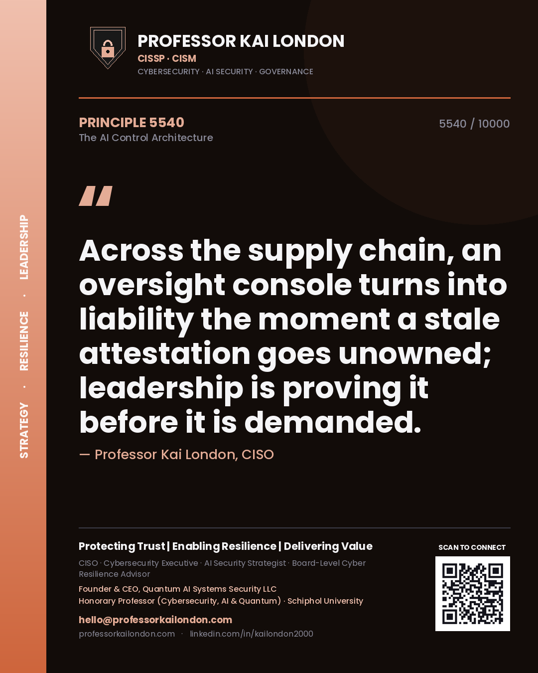 Professor Kai London principle 5540: Across the supply chain, an oversight console turns into liability the moment a stale attestation goes unowned; leadership is proving it before it is demanded.