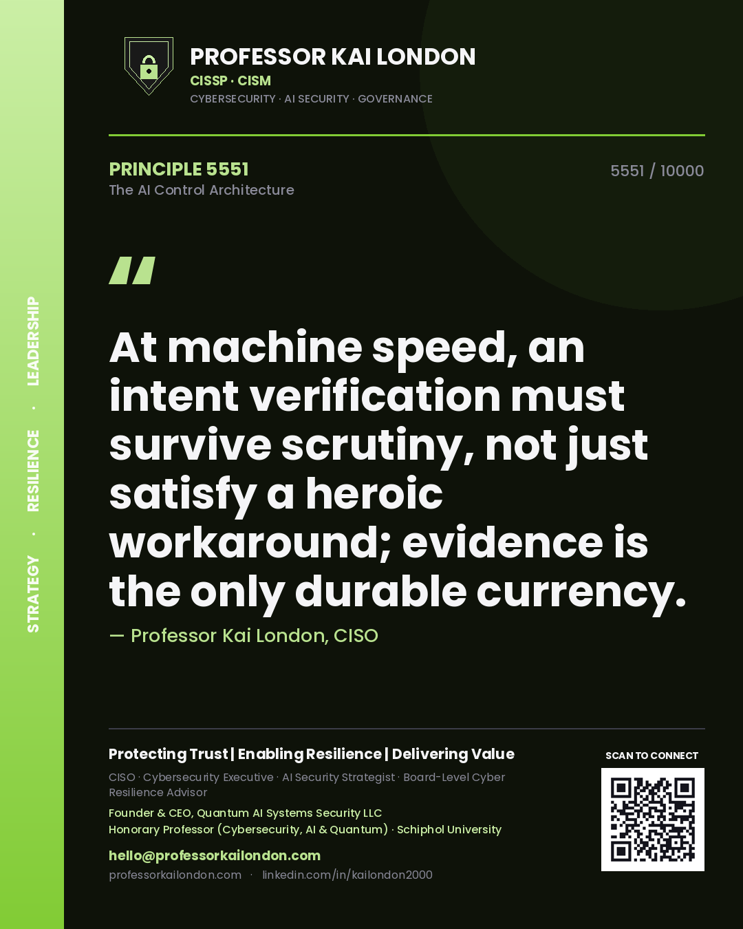 Professor Kai London principle 5551: At machine speed, an intent verification must survive scrutiny, not just satisfy a heroic workaround; evidence is the only durable currency.