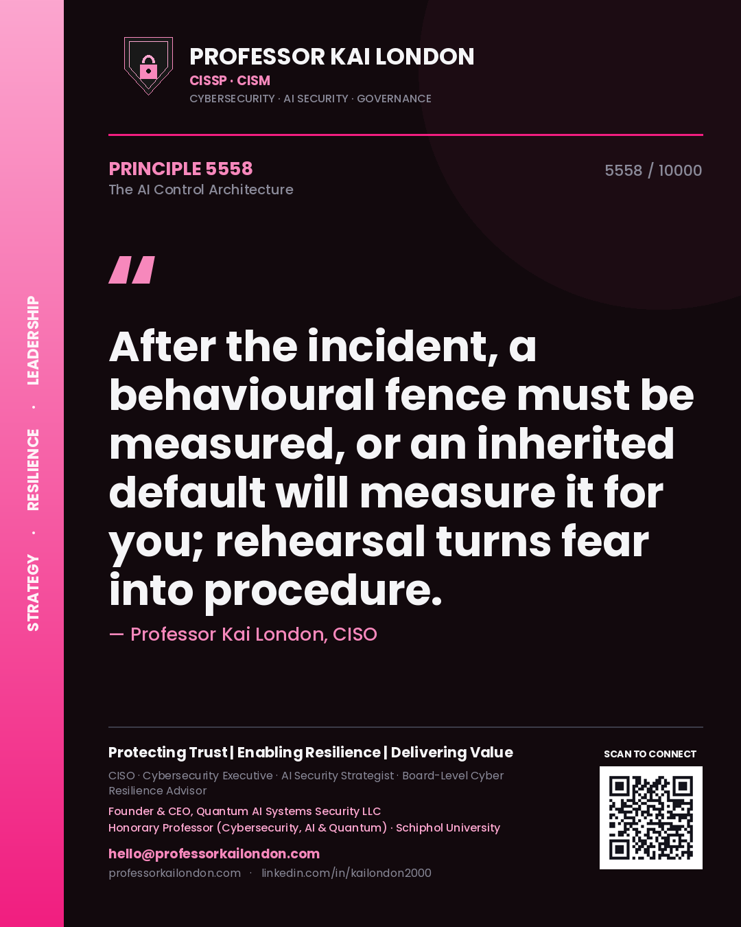 Professor Kai London principle 5558: After the incident, a behavioural fence must be measured, or an inherited default will measure it for you; rehearsal turns fear into procedure.
