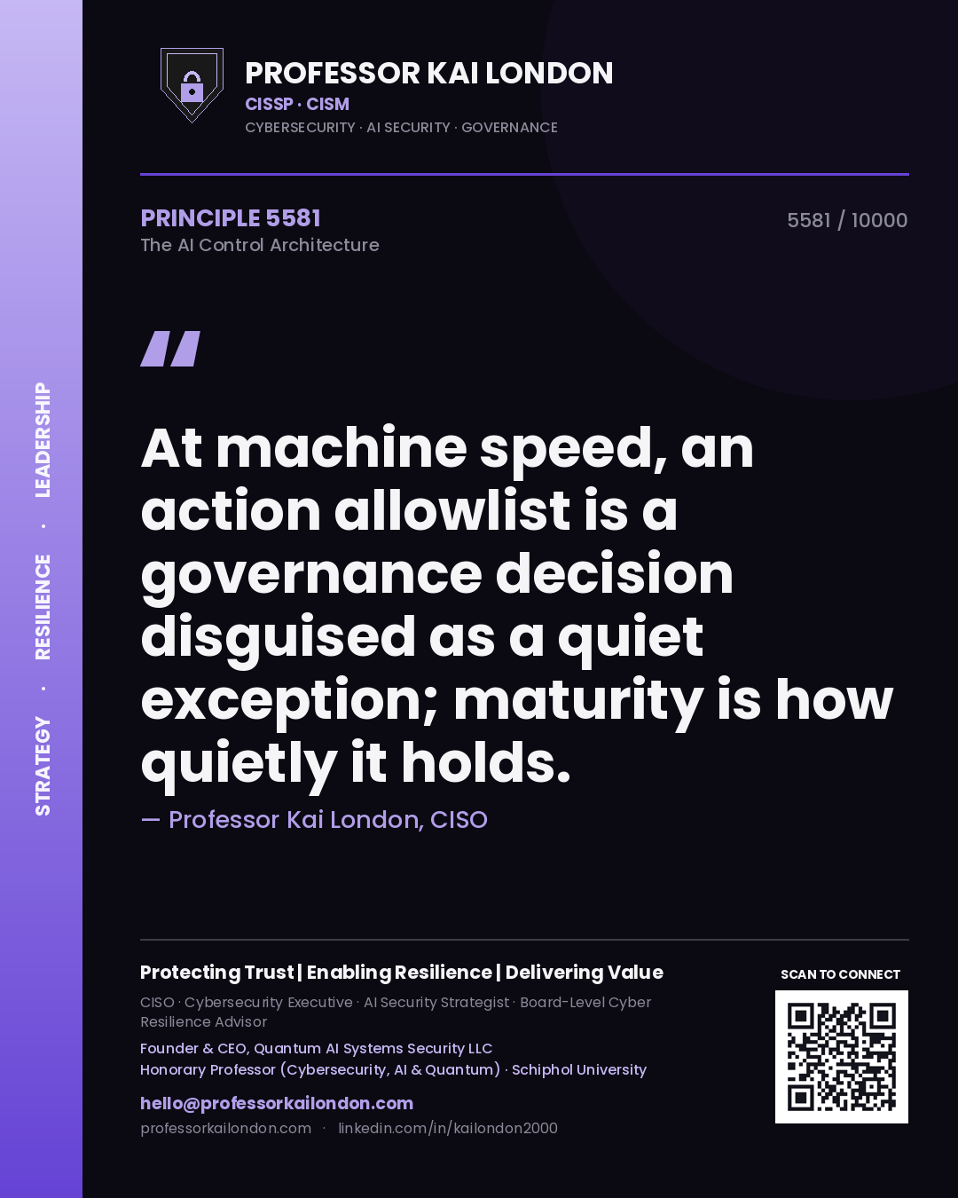 Professor Kai London principle 5581: At machine speed, an action allowlist is a governance decision disguised as a quiet exception; maturity is how quietly it holds.