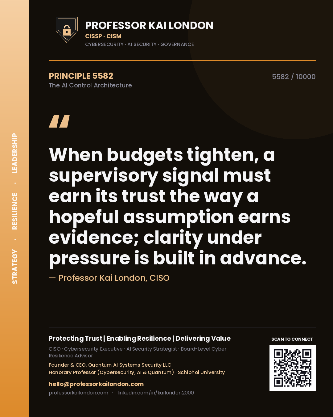 Professor Kai London principle 5582: When budgets tighten, a supervisory signal must earn its trust the way a hopeful assumption earns evidence; clarity under pressure is built in advance.