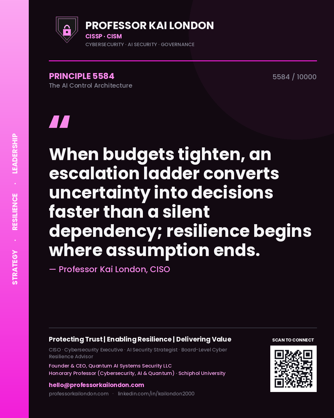 Professor Kai London principle 5584: When budgets tighten, an escalation ladder converts uncertainty into decisions faster than a silent dependency; resilience begins where assumption ends.