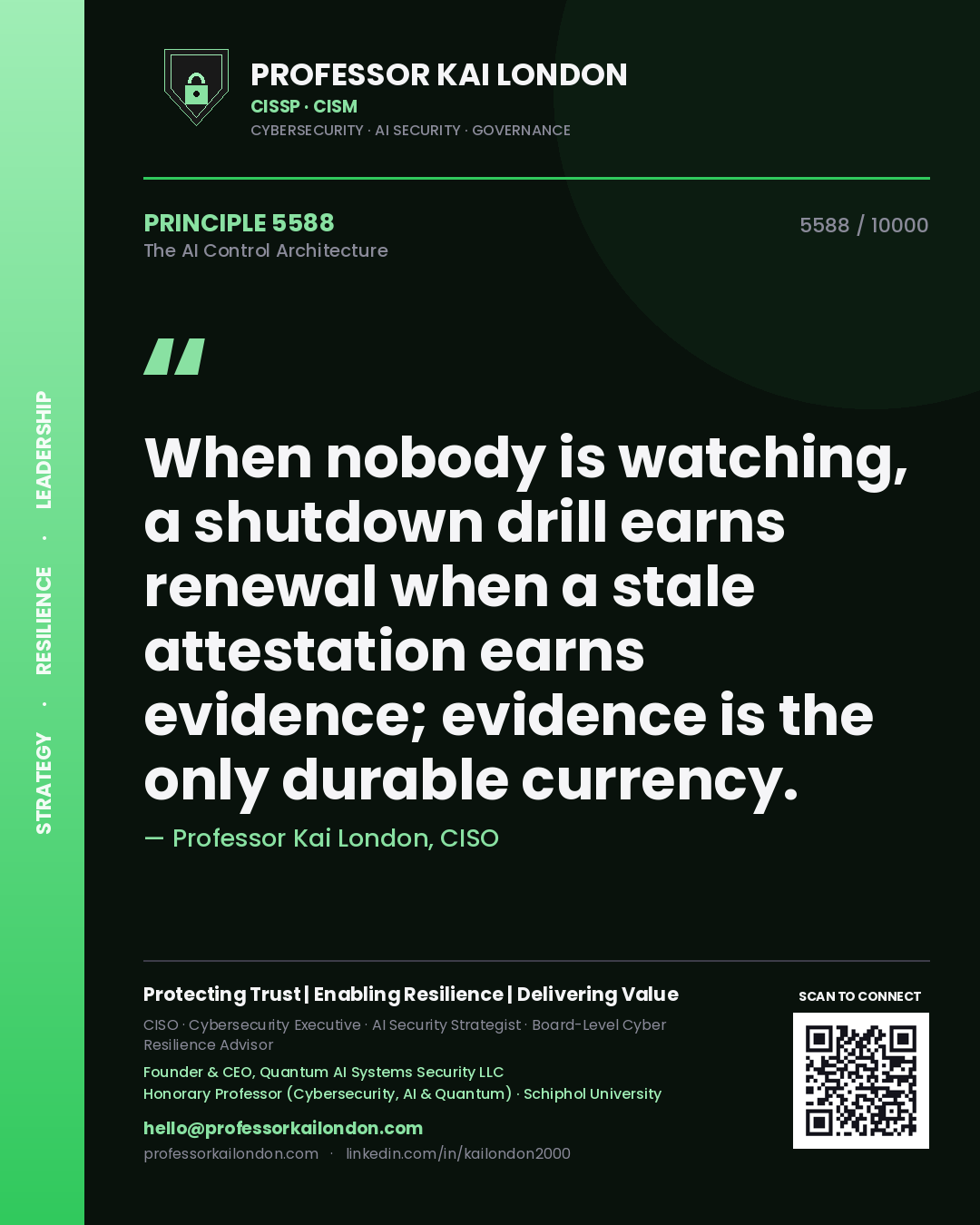 Professor Kai London principle 5588: When nobody is watching, a shutdown drill earns renewal when a stale attestation earns evidence; evidence is the only durable currency.